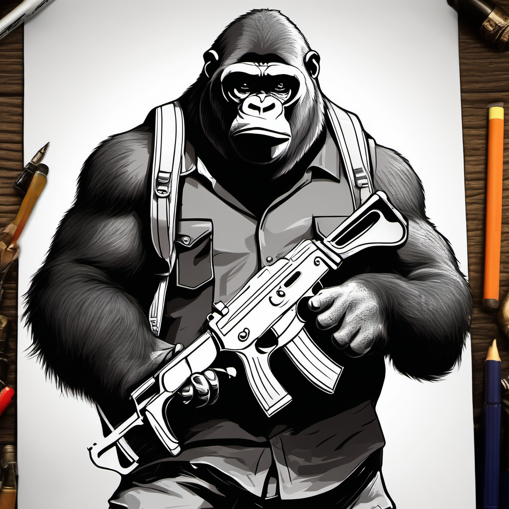 draw a street gangster silverback gorilla wearing a backpack while holding an ak 47