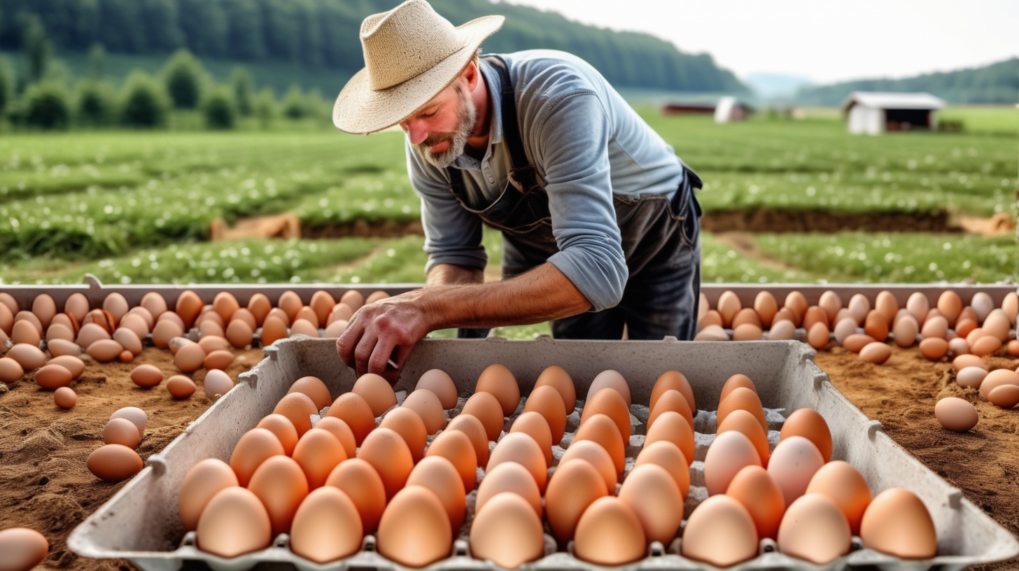 farmer collects eggs in egg trough eco poultry farm
