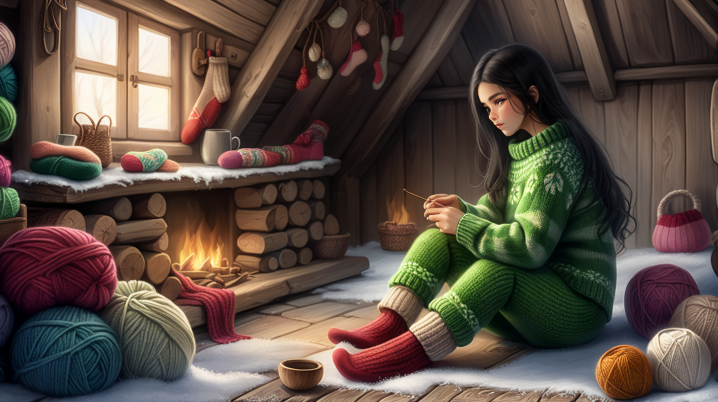 Inside old wooden house near stone firing place young hot village women with long black hair and green eyes knitting . Wearing handmade sweater, socks, bodice, Crochet slippers, Knitted socks,  around her hand knitted crochet slippers, hand knitted socks, Women Slippers, Winter socks, House Shoe | eBay
Crochet knitted slippers. Near big firing place.Wearing tradional clothing. Winter , snow.