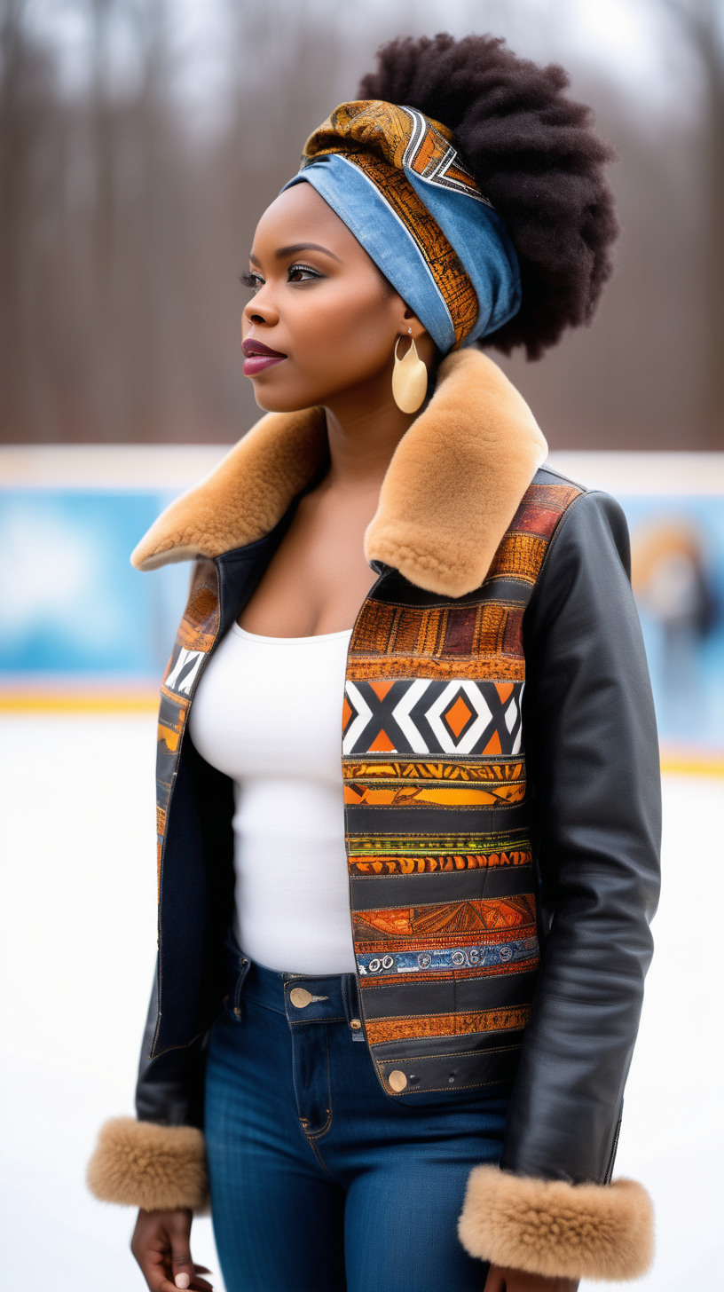 A beautiful black woman wearing an African printed fabric head wrap, Levi denim jacket, restyled into a three quarter length jacket, made of BLACK, lambskin leather, with African printed fabric inserted in various places, show Front, Back, and Side views with stainless buttons, with a fluffy brown mink fur collar, standing at an outdoor ice skating rink, with grey and blue shades and hues in the background