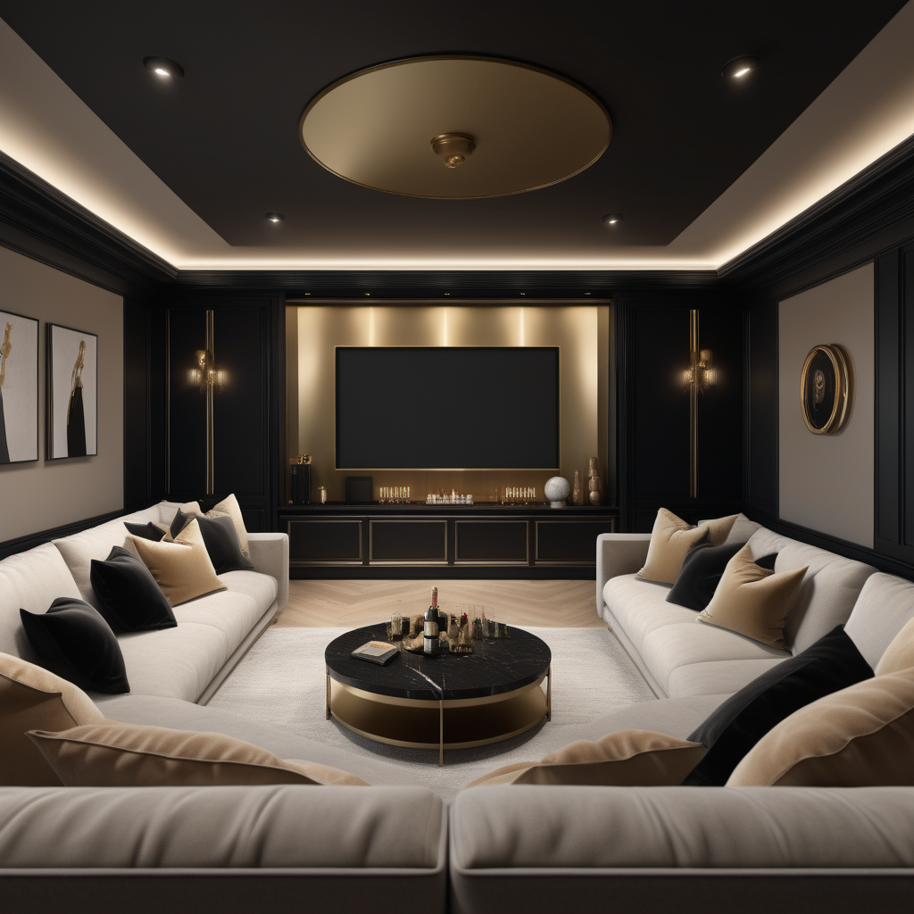 a hyperrealistic of an elegant Modern Parisian estate home lounge theatre room with mood lighting, a large comfy sofa, a snack bar in a beige oak brass and black colour palette 
