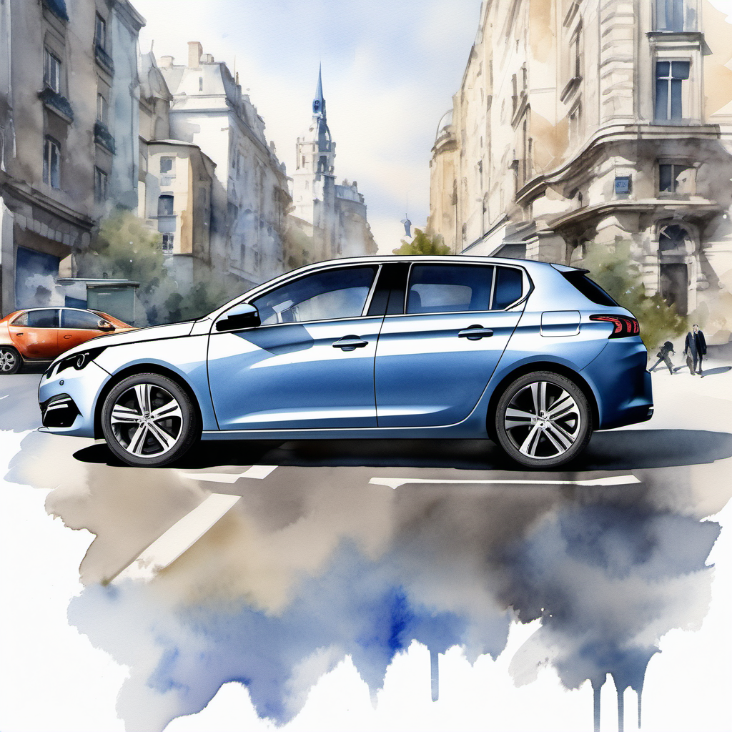 New Peugeot 308, silver color, with a beauty airline female pilot, blond,  blonde hair, wearing blue tie and suit in the City, watercolor paint.