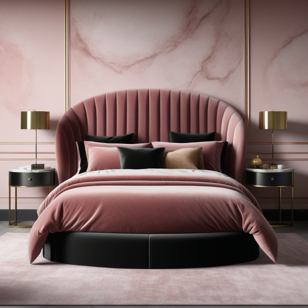 a hyperrealistic image of a velvet modern Parisian  bed with curved headboard  in dusty rose, black and brass 
