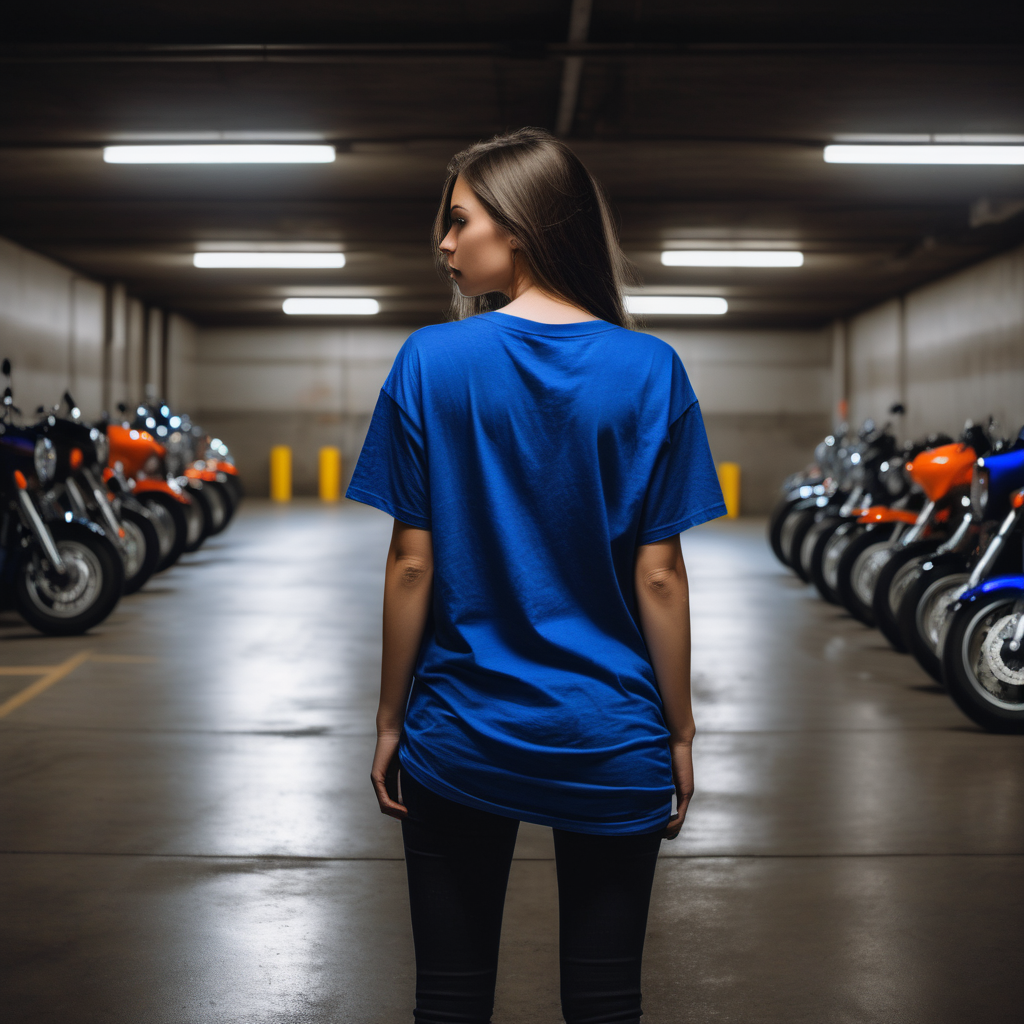 girl with an oversized royal blue PLAIN t-shirt facing away in a dark parking garage with a couple motorcycles and hes standing 5 feet away