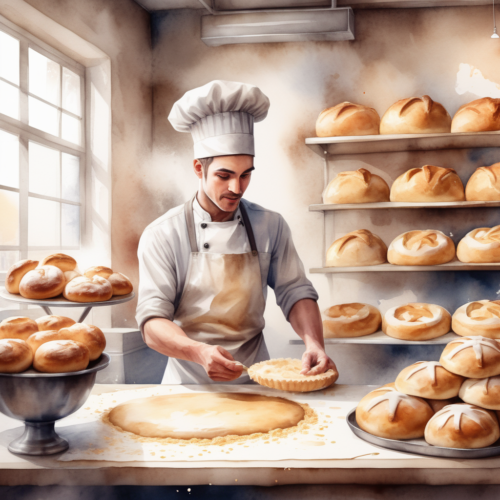 Vytvoř realistickou ilustraci_profese pekař, zachycená atmosféra v pekárně, těsto,
_akvarel styl