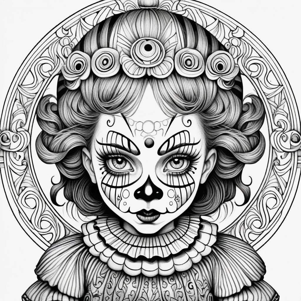 adult coloring page, black & white, strong lines, high details, symmetrical mandala, evil little girl clown 