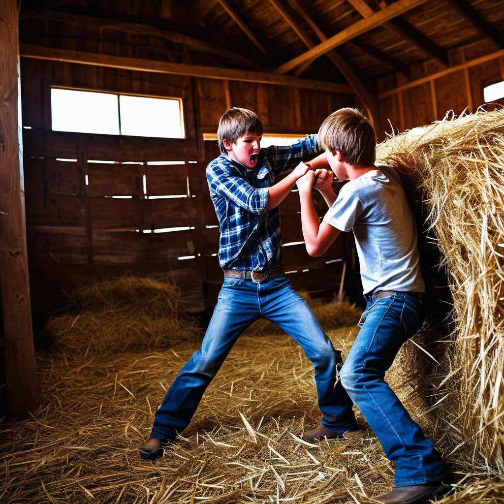 country boys fight in the hay in a