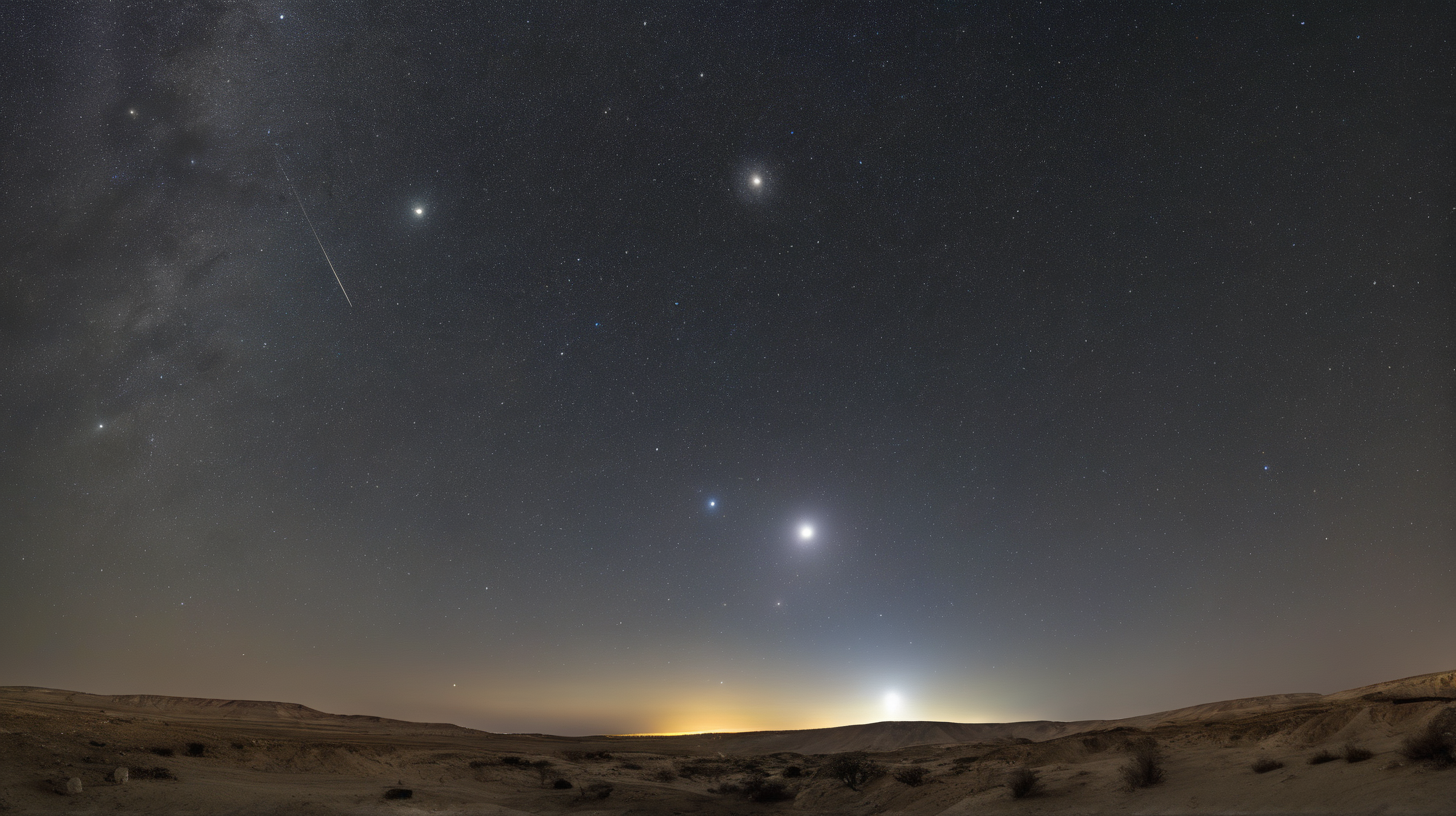 https://i.pinimg.com/736x/38/8b/96/388b969868b347779764aa9d341077c0.jpg surreal Night sky in Negev of Israel with 11 small stars beneath one large star at the top, at the bottom of the image a small moon, and a  small sun 
