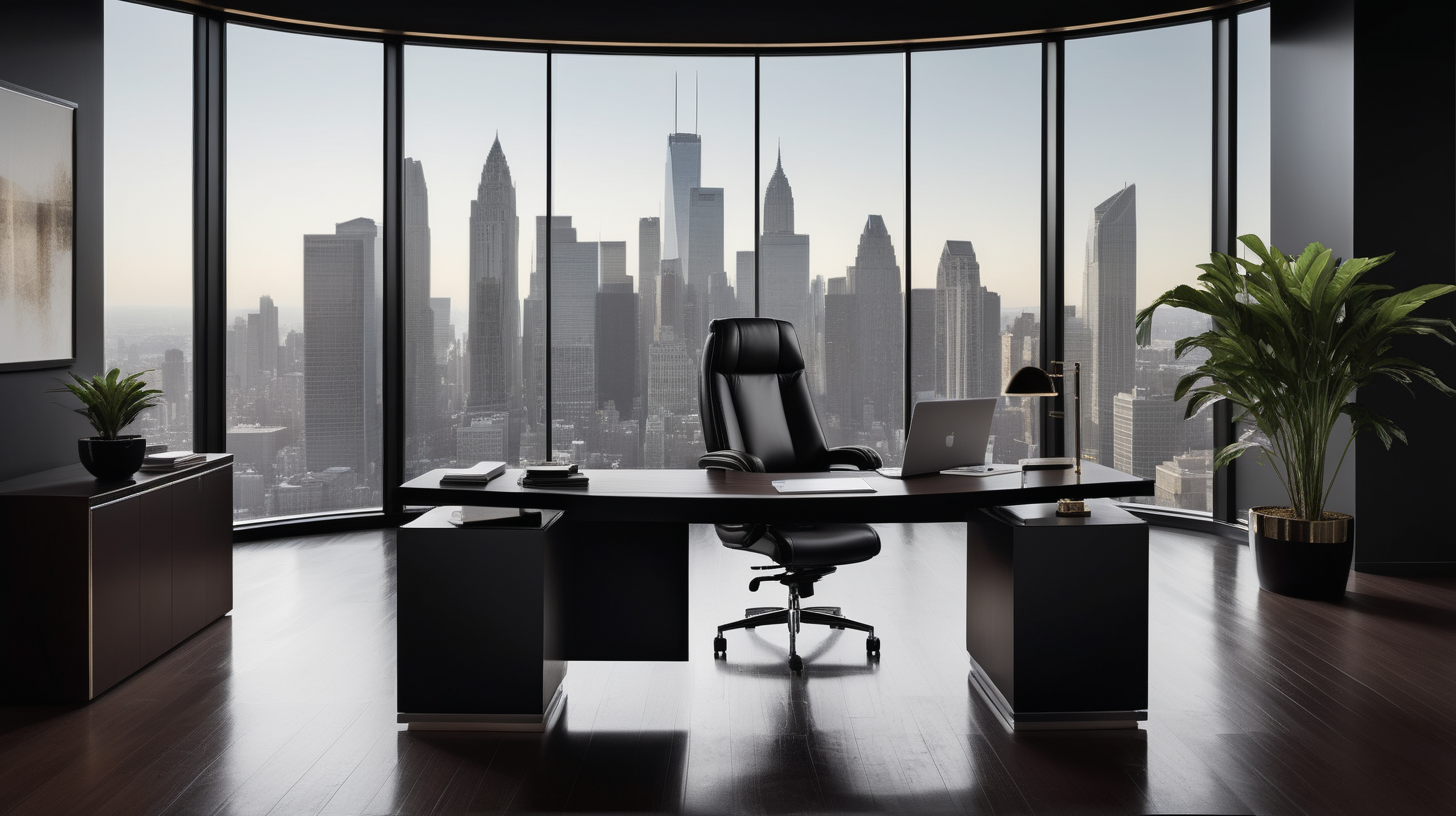 Craft an minimalist image showcasing an executive desk adorned with a sleek black leather chair against the backdrop of a sprawling panorama featuring the dynamic skyline of a financial district. Capture the essence of sophisticated minimalism with a play of dark tones accented by bright highlights, creating an atmosphere of luminous corporate elegance. Place an elegant plant on the floor for a touch of natural refinement. Envision the executive desk setting in rich, dark wood, exuding an institutional investor ambiance.Illuminate the scene with strategic office lighting to enhance the overall aesthetic, and ensure the presence of keys carefully positioned on the desk to subtly convey a sense of access and control in this professional and strategic workspace.