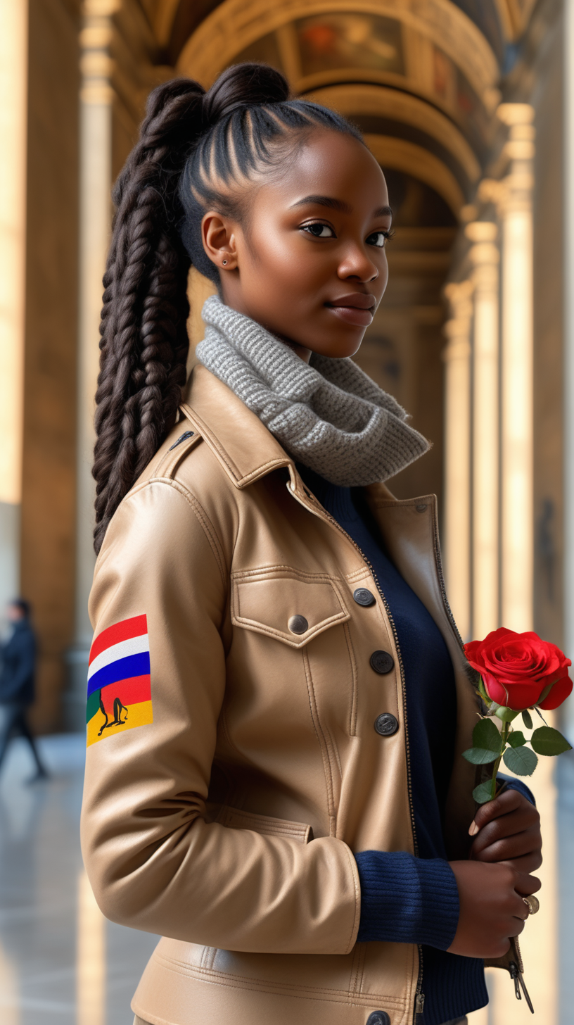 A cute, dark skinned, black woman, wearing a braided ponytail, wearing a beige, three-quarter length, leather safari jacket, wearing an  African flag patch, wearing a grey lambswool, V Neck sweater, wearing tight, Navy Blue Jeggings, standing in the Louvre museum, holding three red, long stemmed, Roses, View is close up, from the waist up, 4k, realism, high definition clarity, brilliant early morning sunshine background