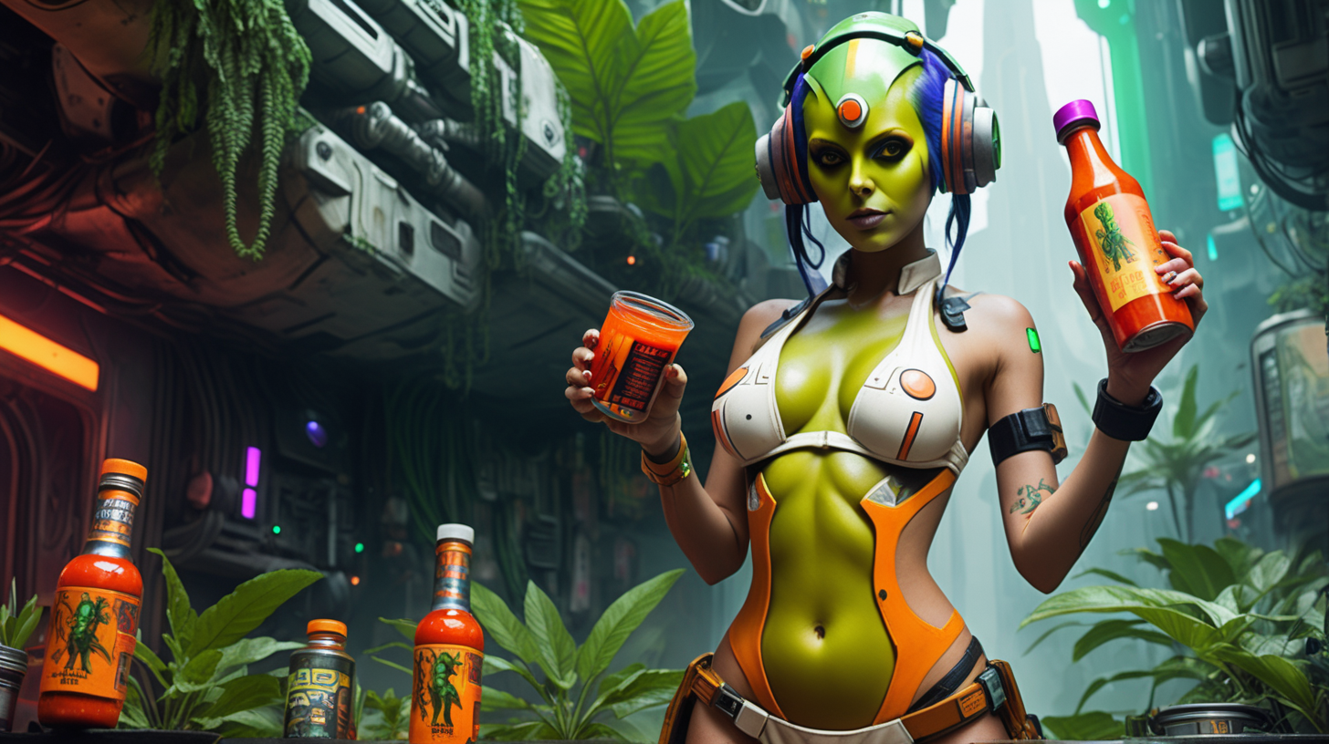 Hera Syndulla bikini holding hot sauce on cyberpunk jungle