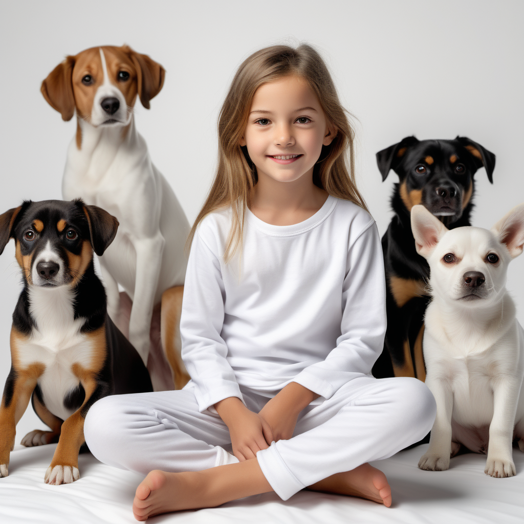 “Perfect Facial Features photo of a cute 8 year old girl sitting in  white cotton tshirt pyjama with no print, long  tight cuff sleeves, loose long pants) ,surrounded by dogs, no background, hyper realistic, ideal face template, HD, happy, Fujifilm X-T3, 1/1250sec at f/2.8, ISO 160, 84mm”