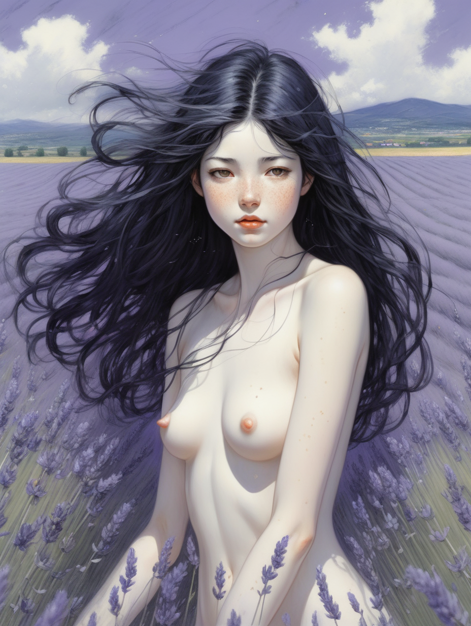 Chica,pelo negro , pálida , está en un campo de lavanda , el viento mueve su pelo . El estilo artístico es de Amano y tiene una técnica de pintura clásica . Ella está desnuda y tiene pecas 