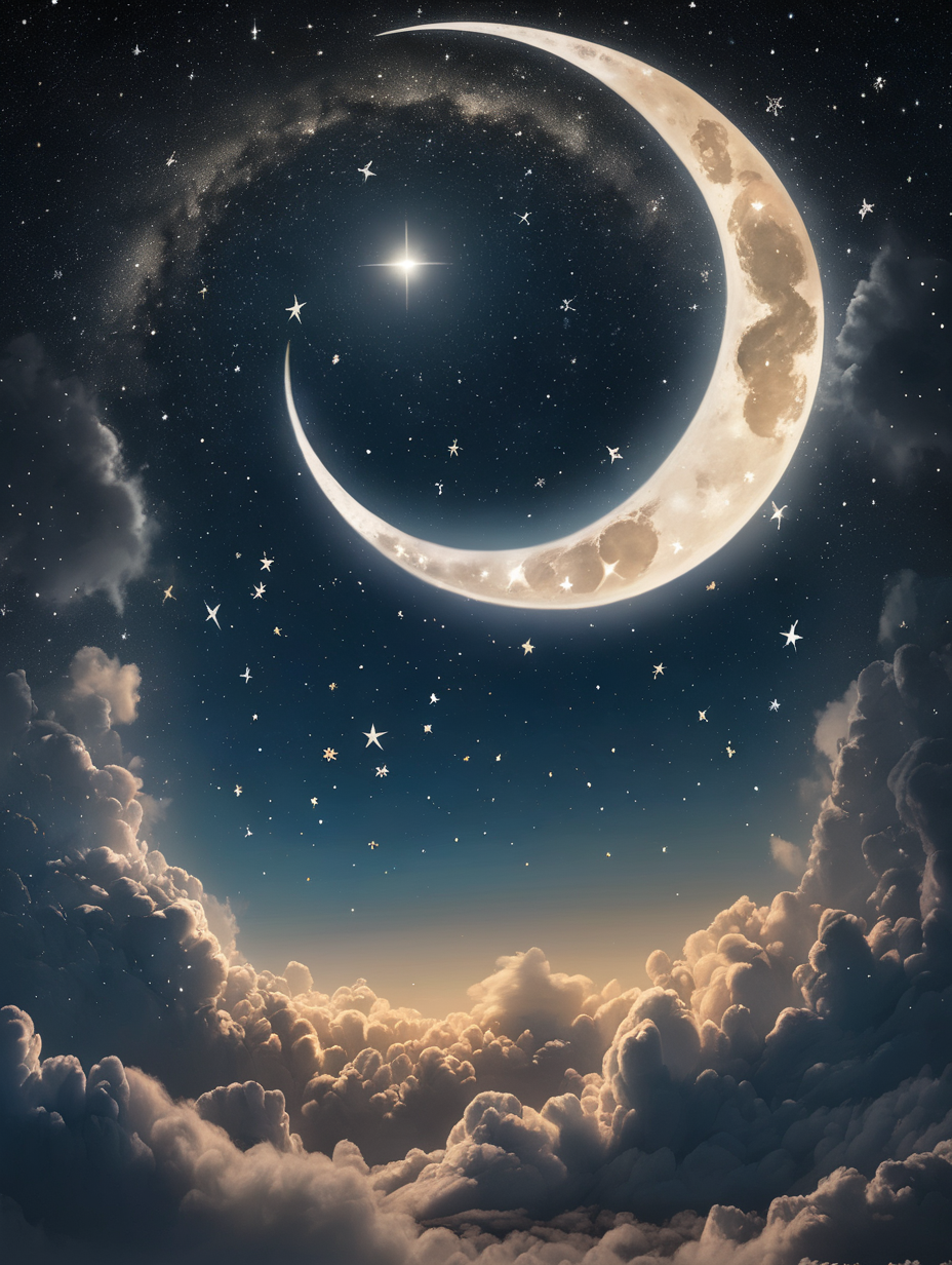 a circle of clouds around a crescent moon hanging in a sky full of stars
