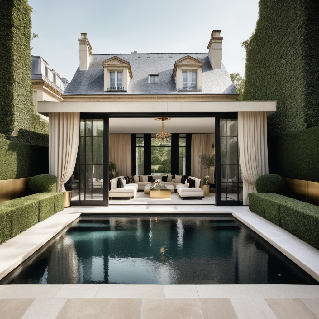 hyperrealistic modern Parisian Cabana with sheer curtains; Limestone pavers;  overlooking the sparklin pool; beige, oak, brass and black colour palette; sprawling lawns

