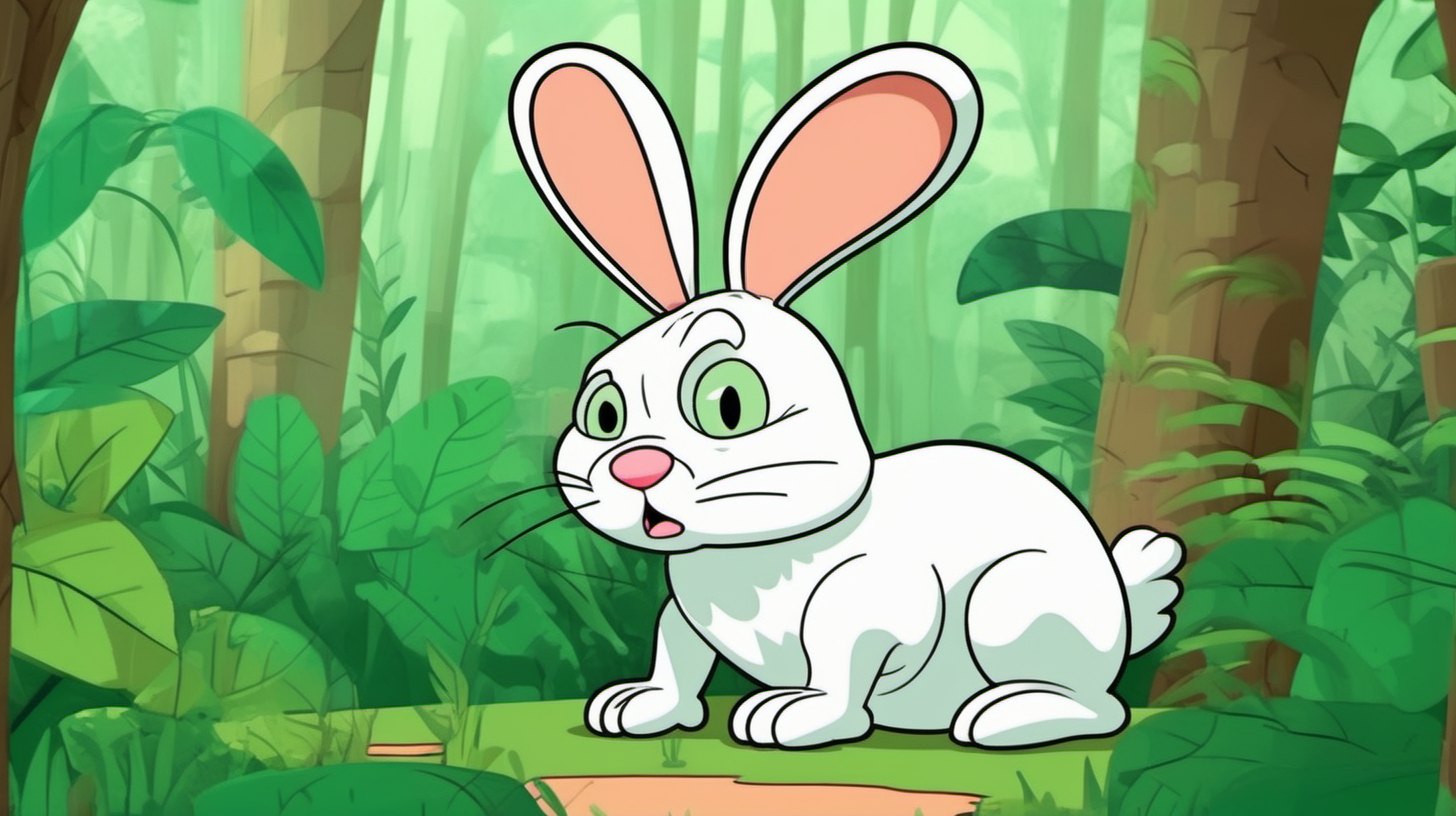 a cartoon tired and sad rabbit in a green jungle
