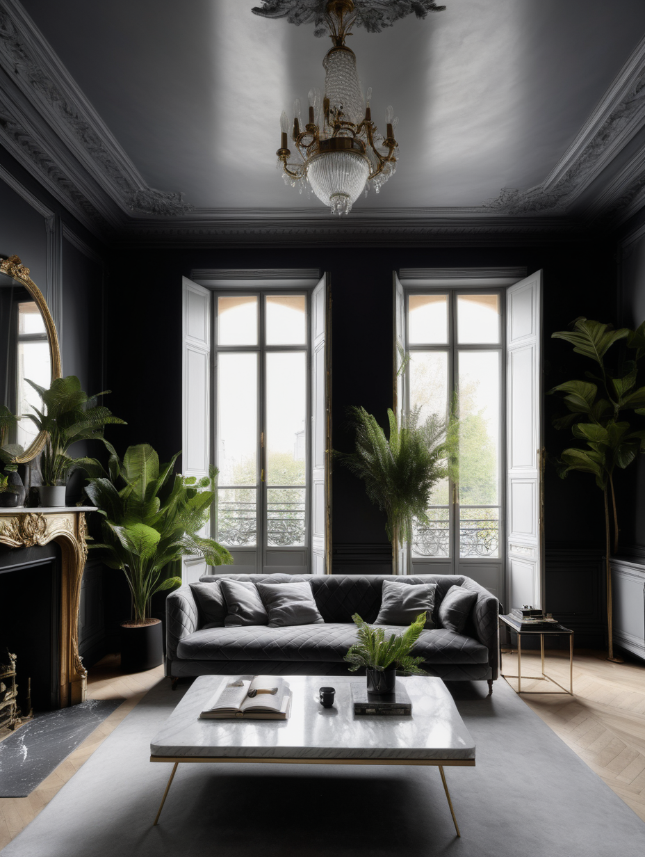 black wall and ceiling Parisian interior with windows