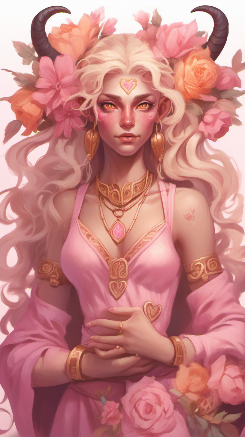 Tiefling woman with pink skin. She has white horns that meet at the top of her head to form a heart. She has light pink eyes. She has light blonde eyelashes. Her eyelashes are not black. She has blonde long hair with a orange tint. She is wearing a pink Greek-style dress with lots of flowers. She is wearing gold jewelry. She is holding a bouquet of pink flowers. 