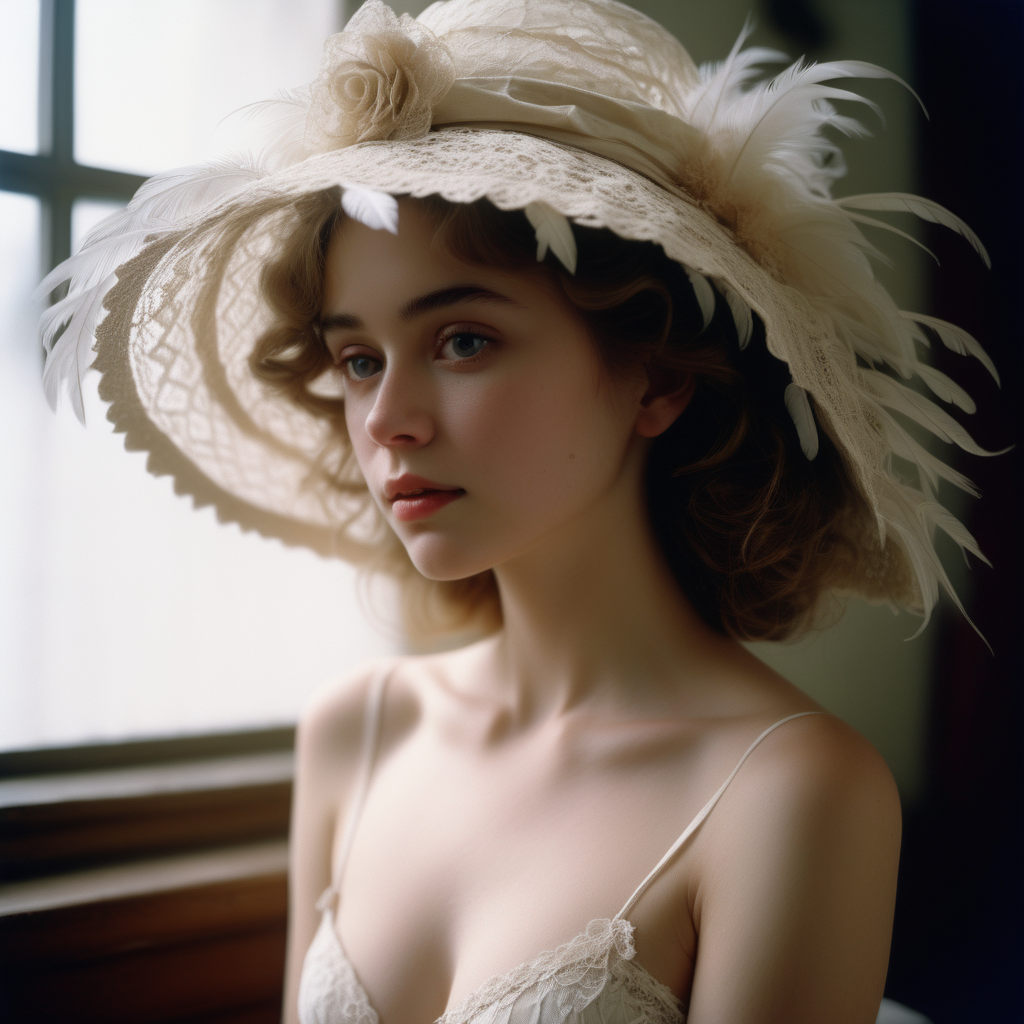 <lora:FilmVelvia3:0. 6>, masterpiece, best quality, 1girl, solo, sexy pose, pensive woman, intricate lace, feathered hat, curled hairdo, pale skin, minimal makeup, tender smile, dainty neckline, nostalgic atmosphere, still life, semi naked, cinematic shot