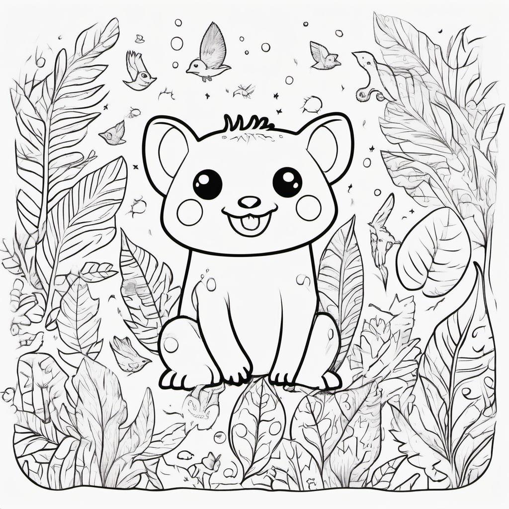 draw a colorful book cover for a coloring book for kids with cute animals on it like dogs, 
Axolotl, birds, sloth etc with some leafs