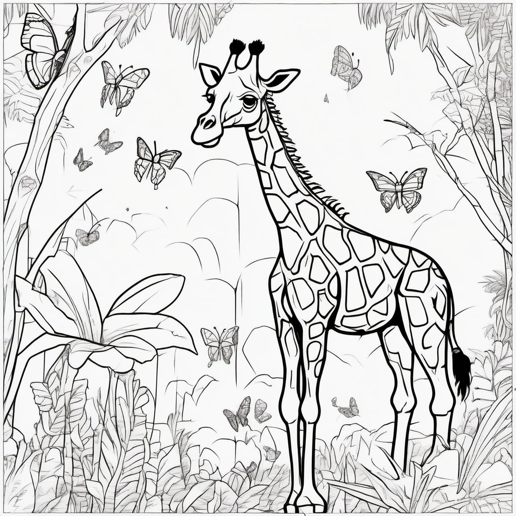 /Imagine colouring page for kids, Giraffe rex in a jungle with butterflies, Thick Lines, low details, no shading --ar 9:11