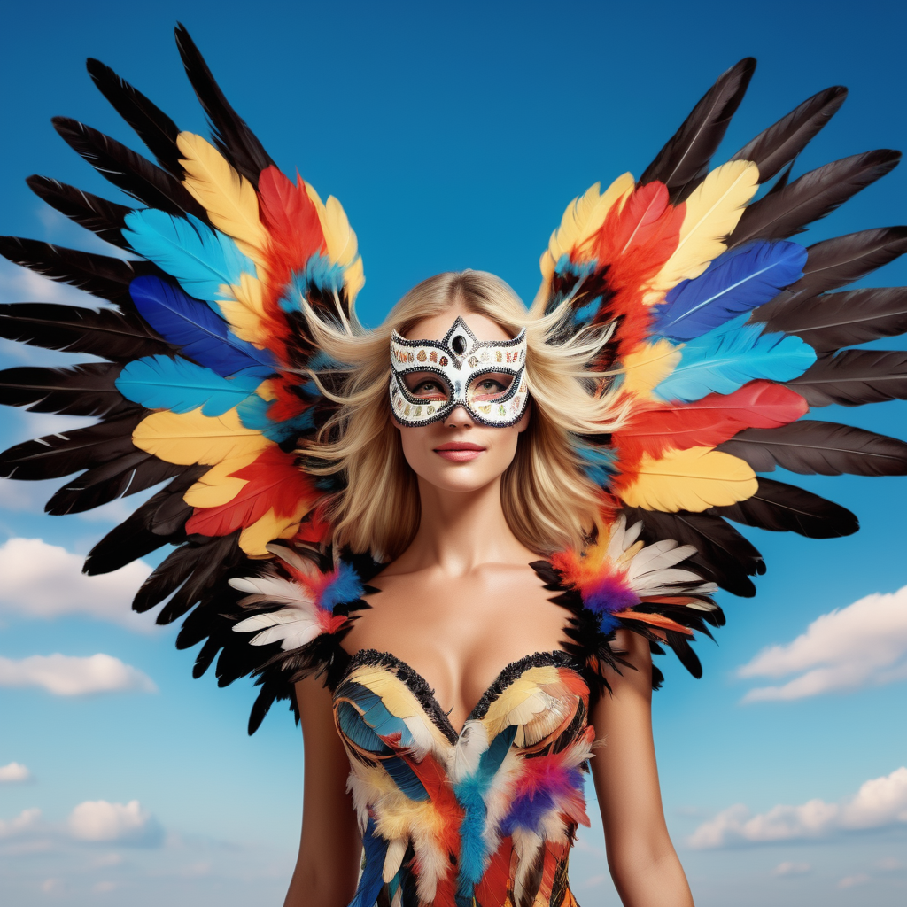 beautiful blonde woman, covered in colorful bird feathers, wing sleeves, domino mask with bird beak, flying in the sky