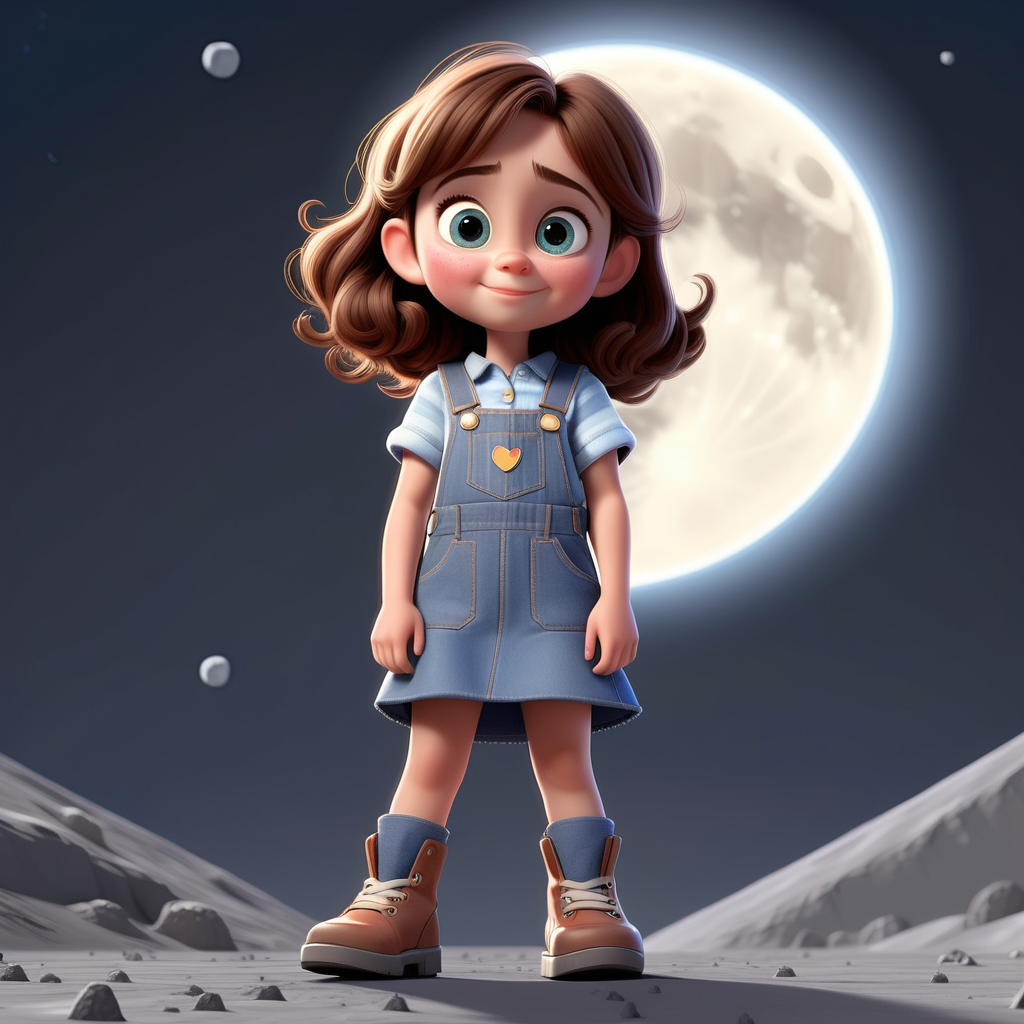imagine 5 year old short girl with brown hair, fair skin, hazel eyes, wearing a denim dress overall, use Pixar style animation, use white background and make it full body size, standing on the surface of the moon