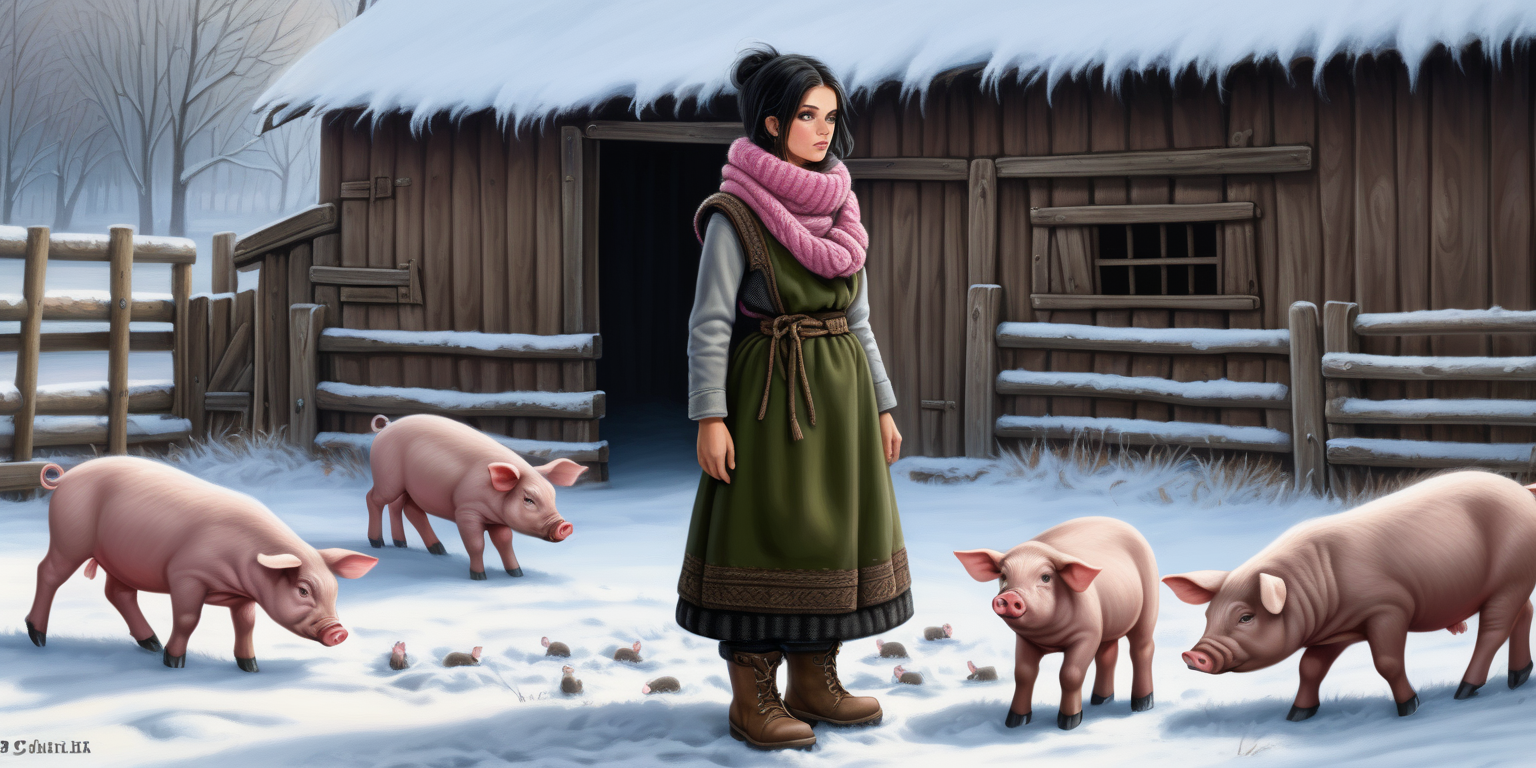 A beautiful peasant woman with long black hair and green eyes works in the pen in front of the barn. Around her are piglets - small and pink. Everything is in mud. The barn is surrounded by a fence of old wooden posts and wire mesh. It's winter, everything is covered with a thick layer of snow. Mud and snow mix. The peasant woman has put on low to the ankle black rubber shoe on her feet. Brown coarsely knitted woolen socks stick out from them - up to the middle of the leg and. On top of them, to keep her warm, she has put on green - brown, very wrinkled and crumpled woolen knitted gaiters. It is worn with thick elastic leggings, over it there is a shotr knitted skirt in black and brown. A chunky brown-gray wool sweater with a chin-high collar is snug around her. over it she wore an off-white furry sleeveless sweater with a triangle neckline. Above all this is a short  quilted waistcoat in green which is unbuttoned. On his head he wears a thick knitted woolen gray hat - an ushanka. He also has a thick scarf sloppily draped around his neck. He also wears gray knitted woolen fingerless gloves. across the waist, a thin hemp rope is wrapped 2-3 times. Tied on back hands. Shibari style.