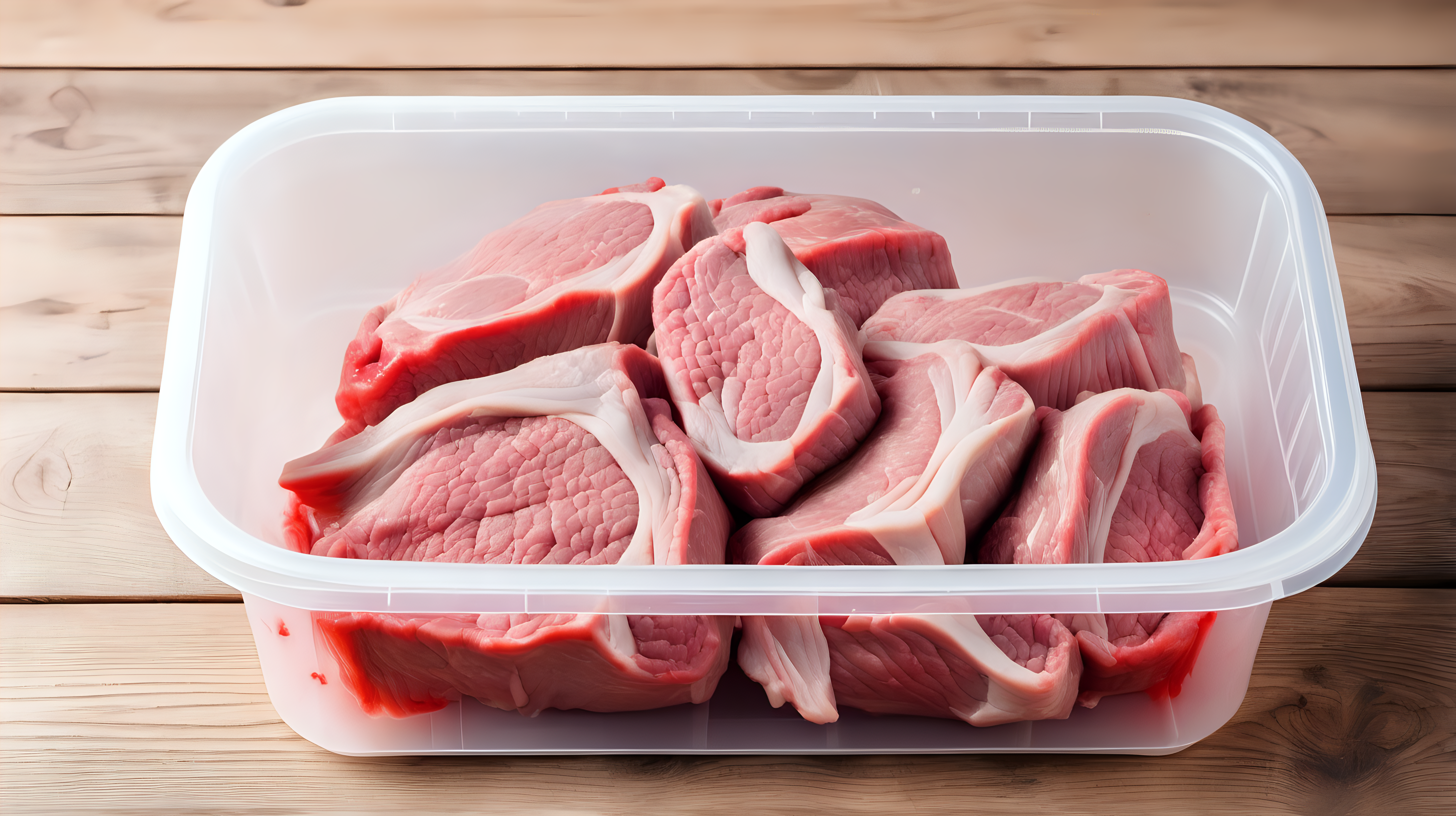 lamb meat in plastic container on wooden table, isolated on white background