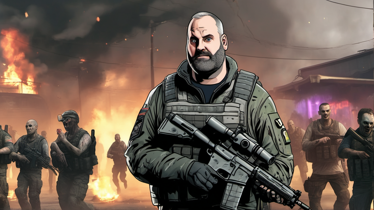 a thin soldier  with no other people who resembles tom segura with grey hair in the style of the video game call of duty, in the background a zombie apocalypse