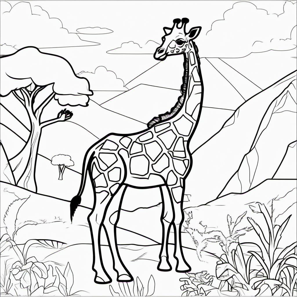 /imagine colouring page for kids, Giraffe in a prehistoric landscape, thick lines, low details, no shading --ar 9:11