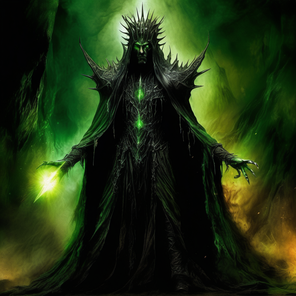 genera una imagen a color, estilo Luis Royo, de un mago oscuro parecido a Sauron, con una corona de puntas metálicas, cubierto con una capa negra, no se le ve la cara, luz verde etérea, de fondo una caverna oscura y fuego verde
