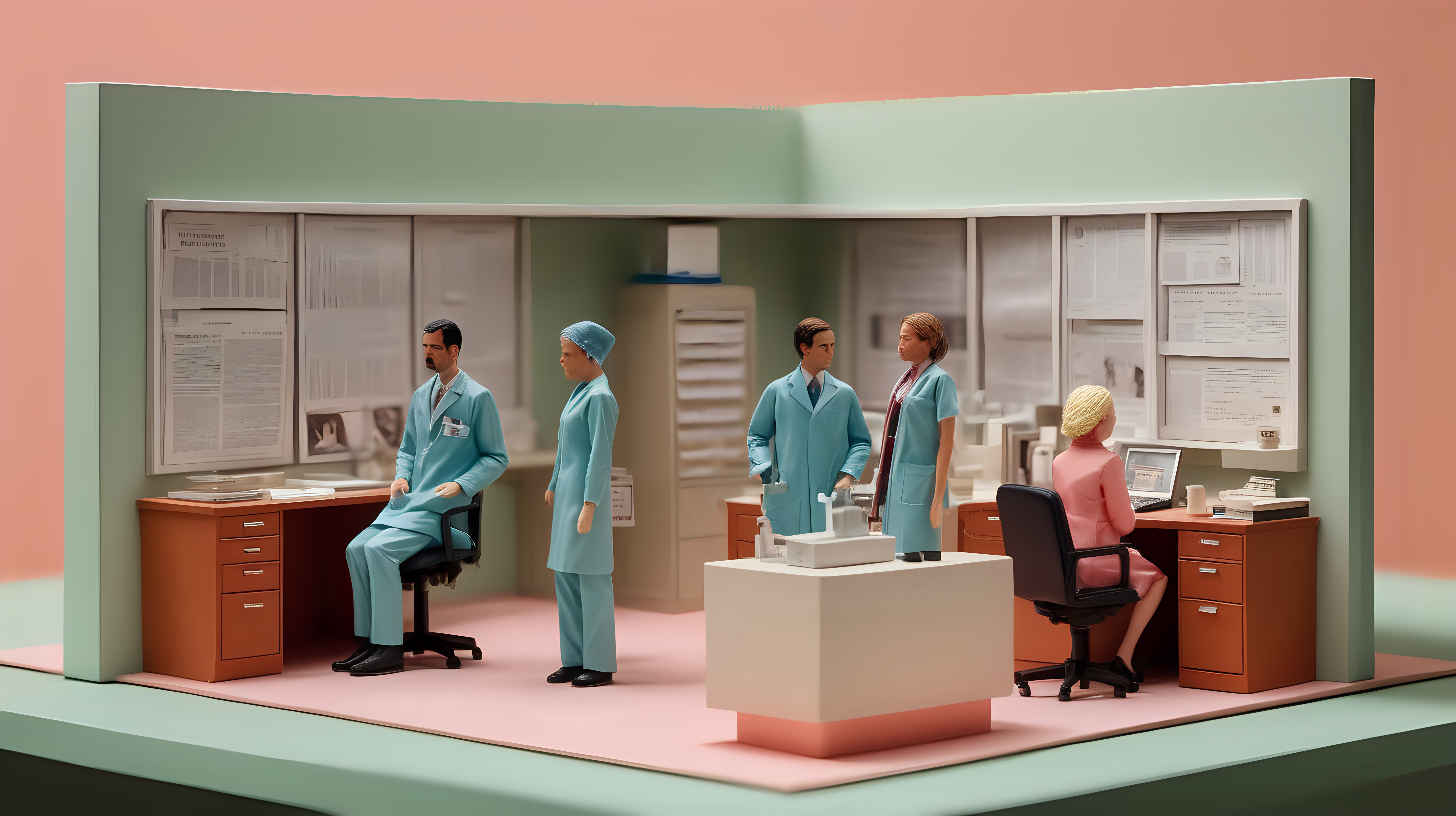 close up, high quality photograph of a diorama cross section of one floor of an office building with three offices.  One is a neurosurgeon, one is a design company, and one is a feminist periodical, all in the style of a wes anderson movie
