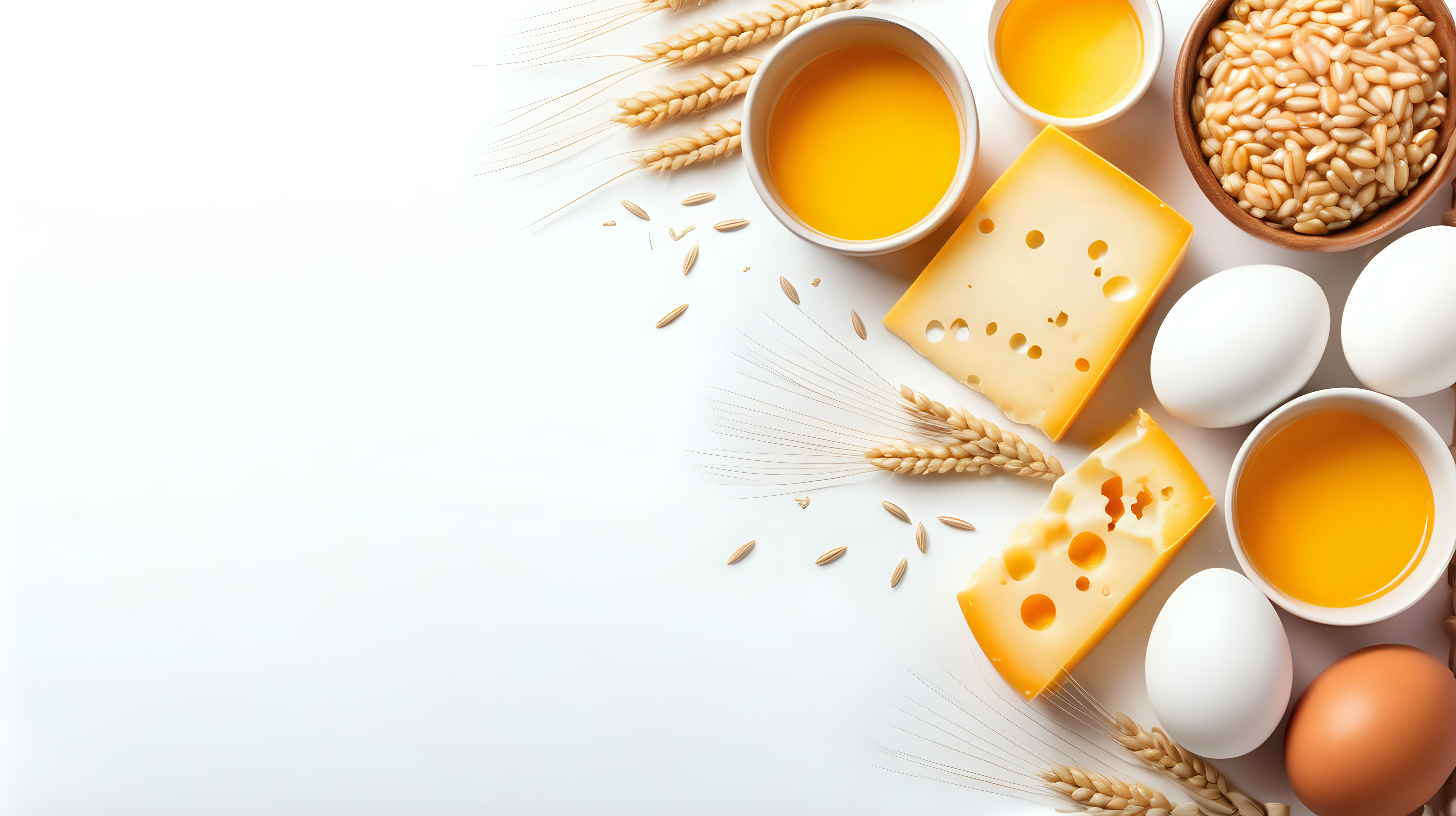 Cheese, barley and wheat and eggs on a white background with space for text. Top view, copy space