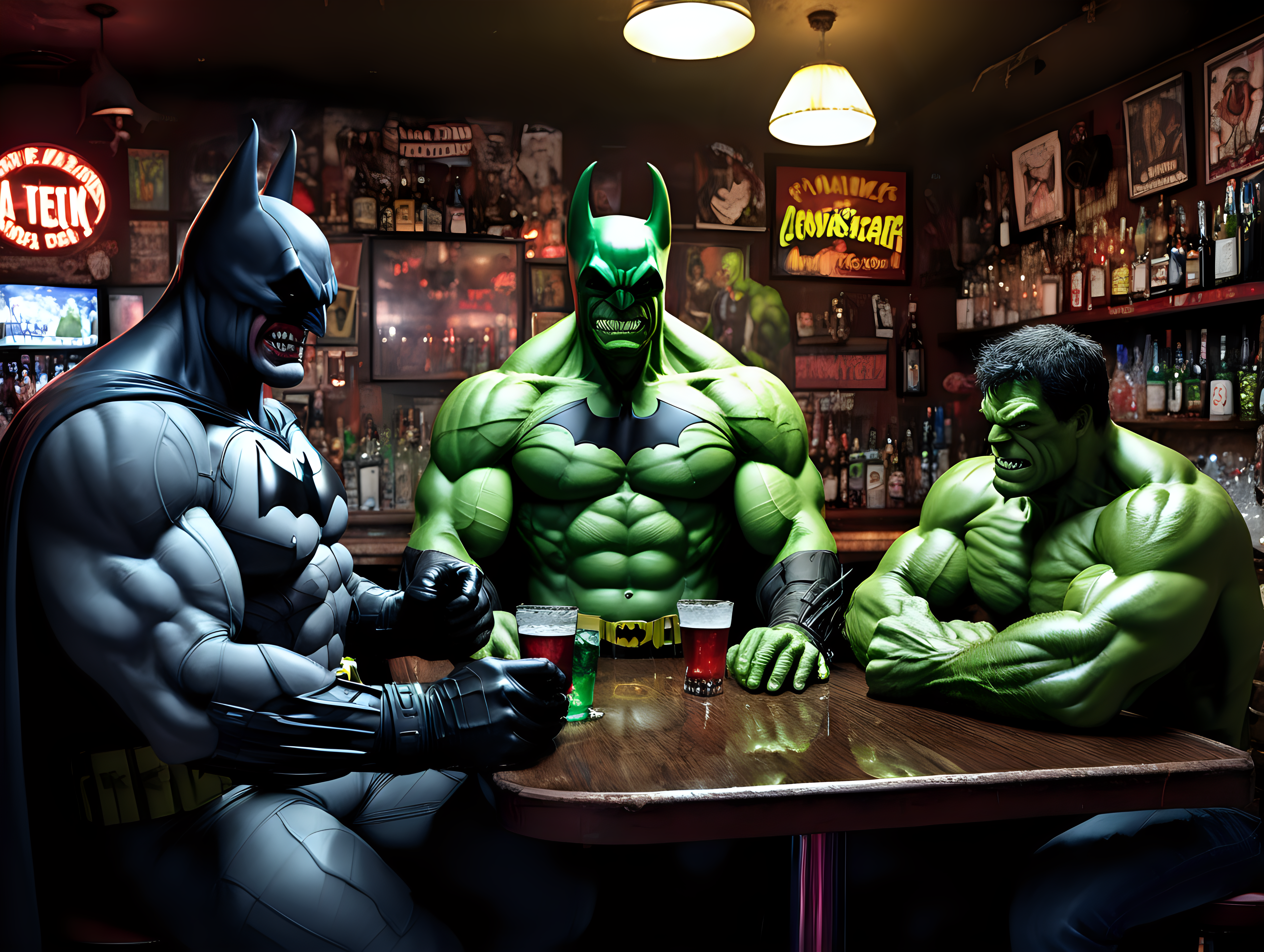 The Devil The Batman and Hulk have drinks in a dive bar