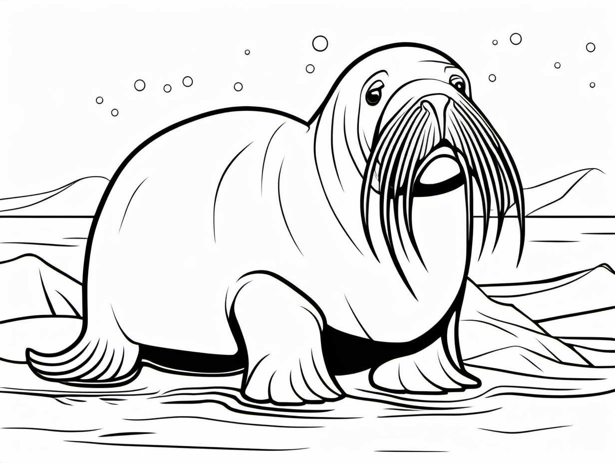 simple cute walrus coloring page
line art
black and white
white background
no shadow or highlights
two colours only (white and black)