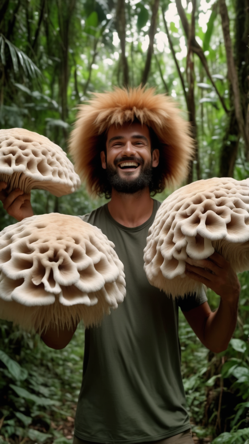 man holding as many lions mane mushroom as he can in the jungle looking happy speading them around 4k