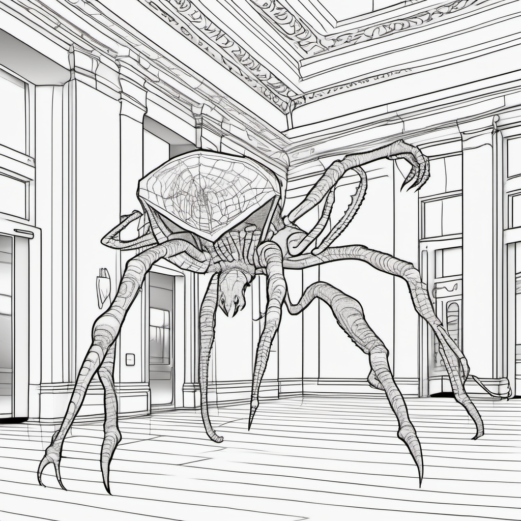 A dinosaur spider, in the building lobby, coloring book pages