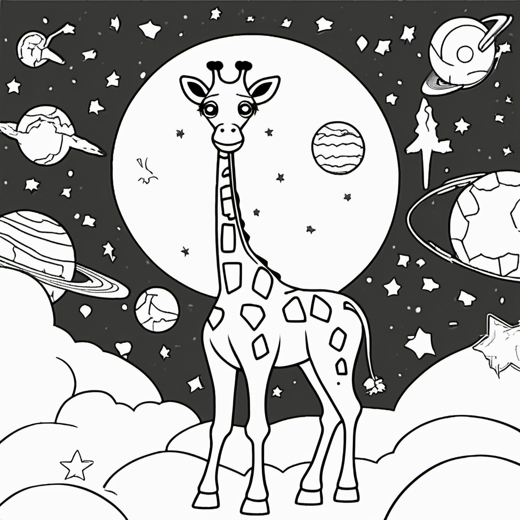 /imagine colouring page for kids, Giraffe in space, thick lines, low details, no shading --ar 9:11