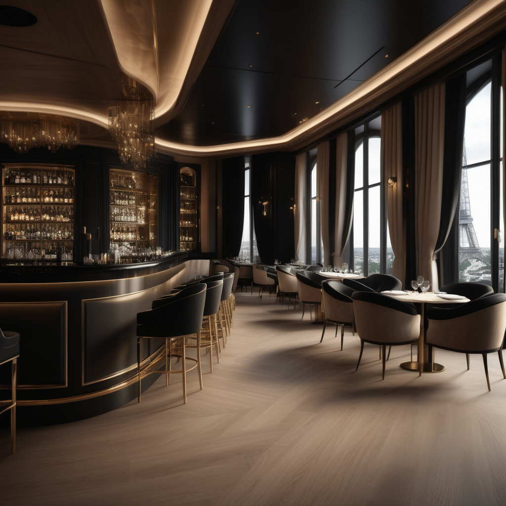 A hyperrealistic image a grand Modern Parisian fancy,romantic, exclusive resturant and bar with mood lighting, curtains,  in a beige oak brass and black colour palette with floor to ceiling windows and
