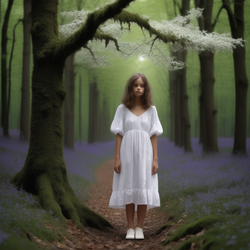 A teenage girl fell into a hole in a forest. She had shoulder-length brown hair; She is wearing a white flowy midi dress. His knee is bleeding. Her mother bent over her. Her mother looks like a fairy. Her mother wears a purple dress with a puffy shirt and white shoes. The forest is dark. The tree branches are tangled together. Moss growing on tr. ees