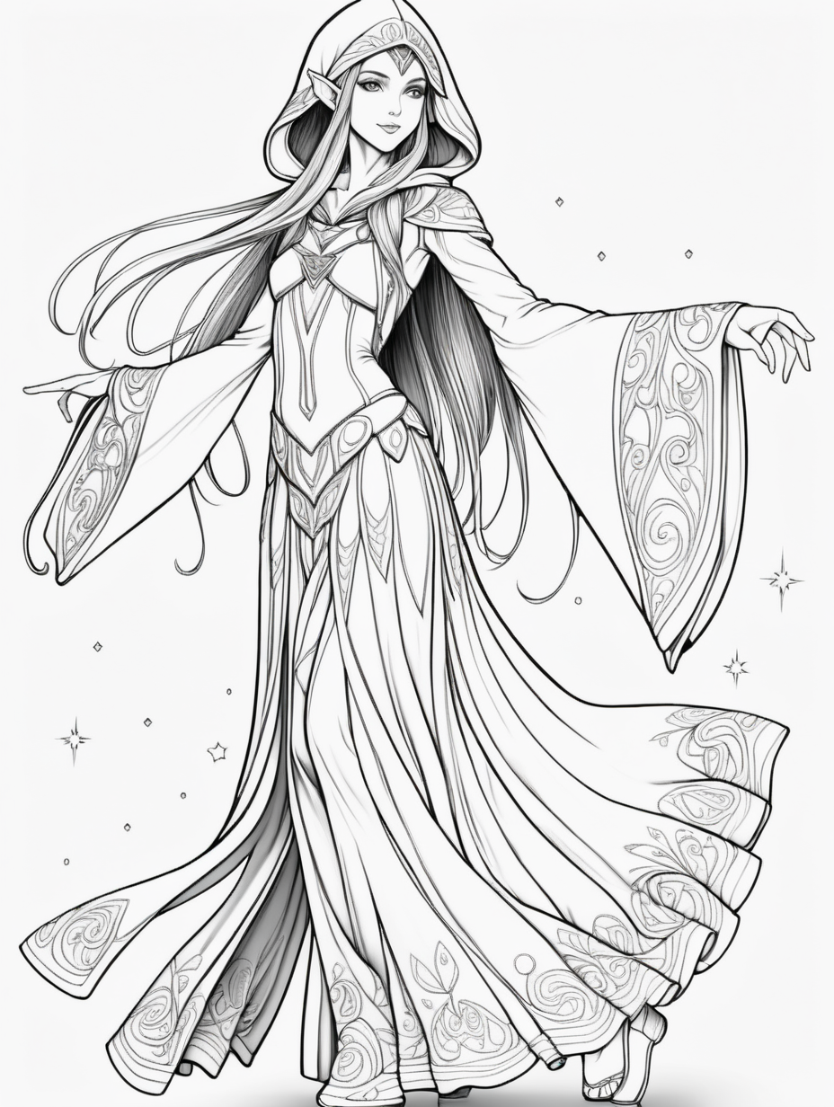 a coloring page page, clean line art, 2D,  white background,  anime manga style, a full body head to toe image of a female elven traveler dressed in a long dress with a hood, dancing similar to ballet, long hair that shimmers with glitter
