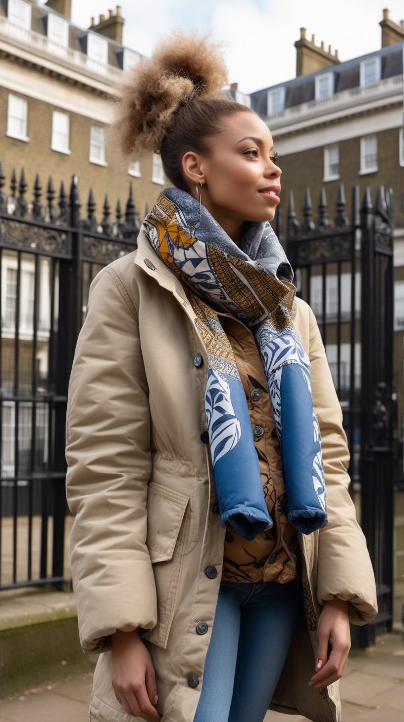 A beautiful, light skinned woman, wearing a ponytail, wearing an African printed scarf, wearing a Beige, Levi denim jacket reimagined into a three quarter length, down filled parka, with brown fur shawl collar, African printed fabric inserted in various places, show Front, Back, and Side views with stainless buttons, standing at the Palace gates in London, with grey and blue shades and hues in the background
