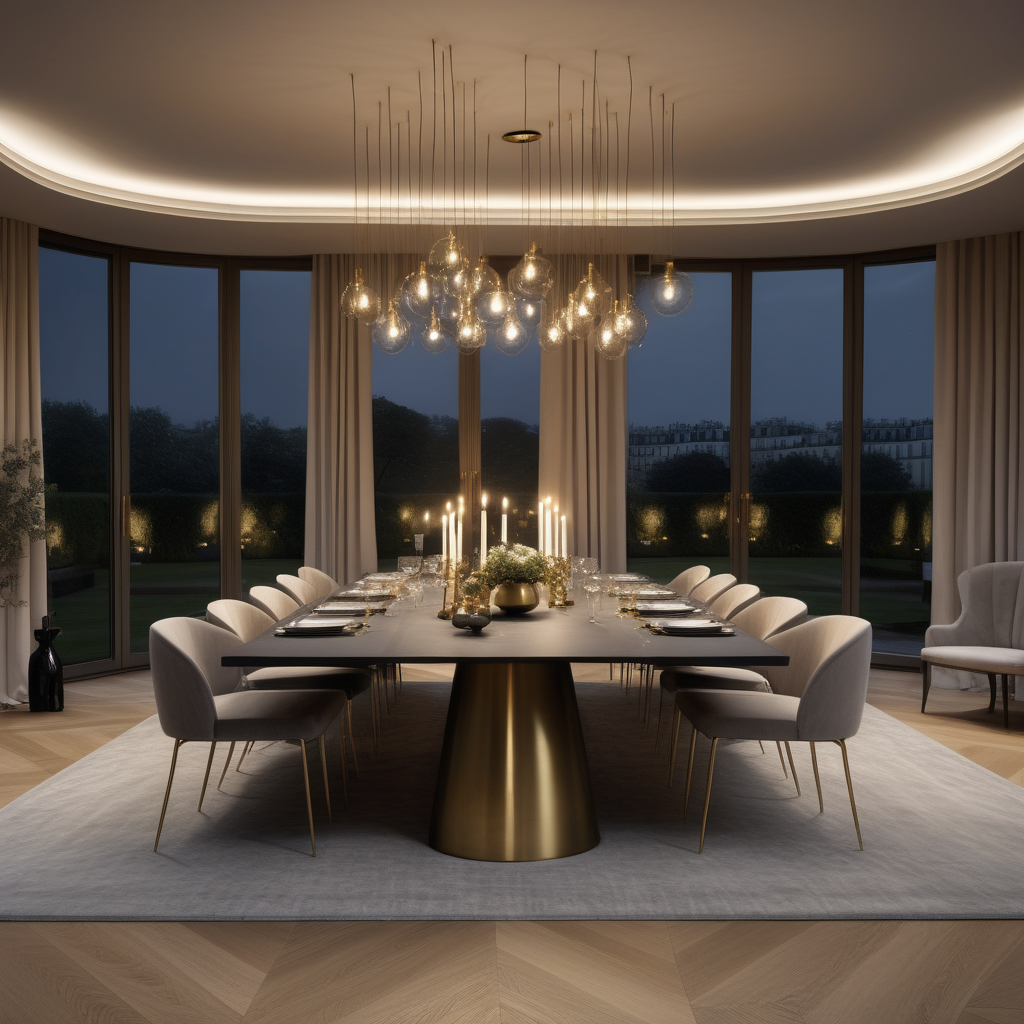 hyperrealistic of an elegant modern Parisian dining room at night at night with table set for 12 people; candles; oak flooring; floor to ceiling windows with a view of the sprawling lush gardens; curtains; mood lighting; beige, oak, brass and slate-grey colour palette; modern brass pendant light; rug; modern glass fireplace;
