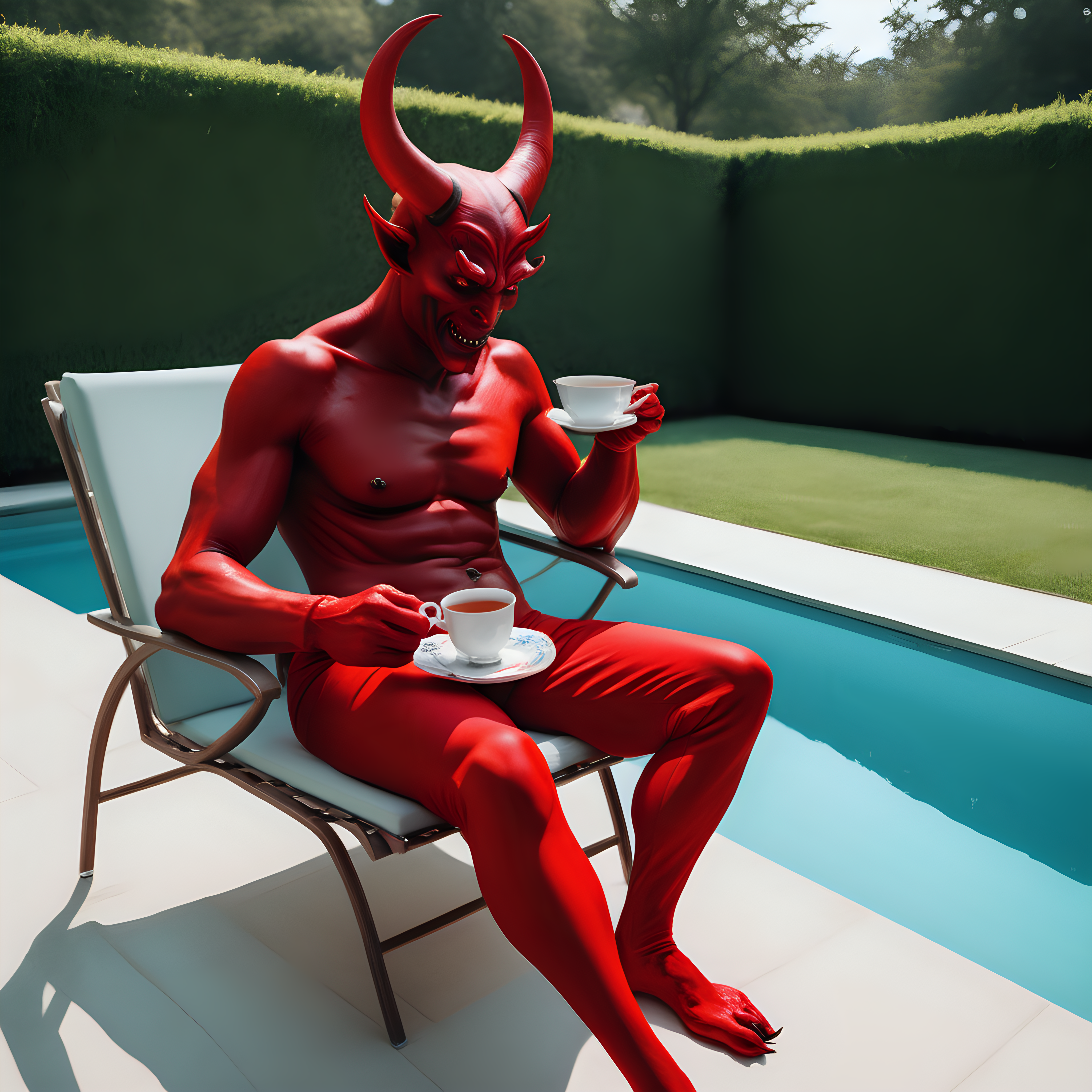 Devil having tea by the pool
