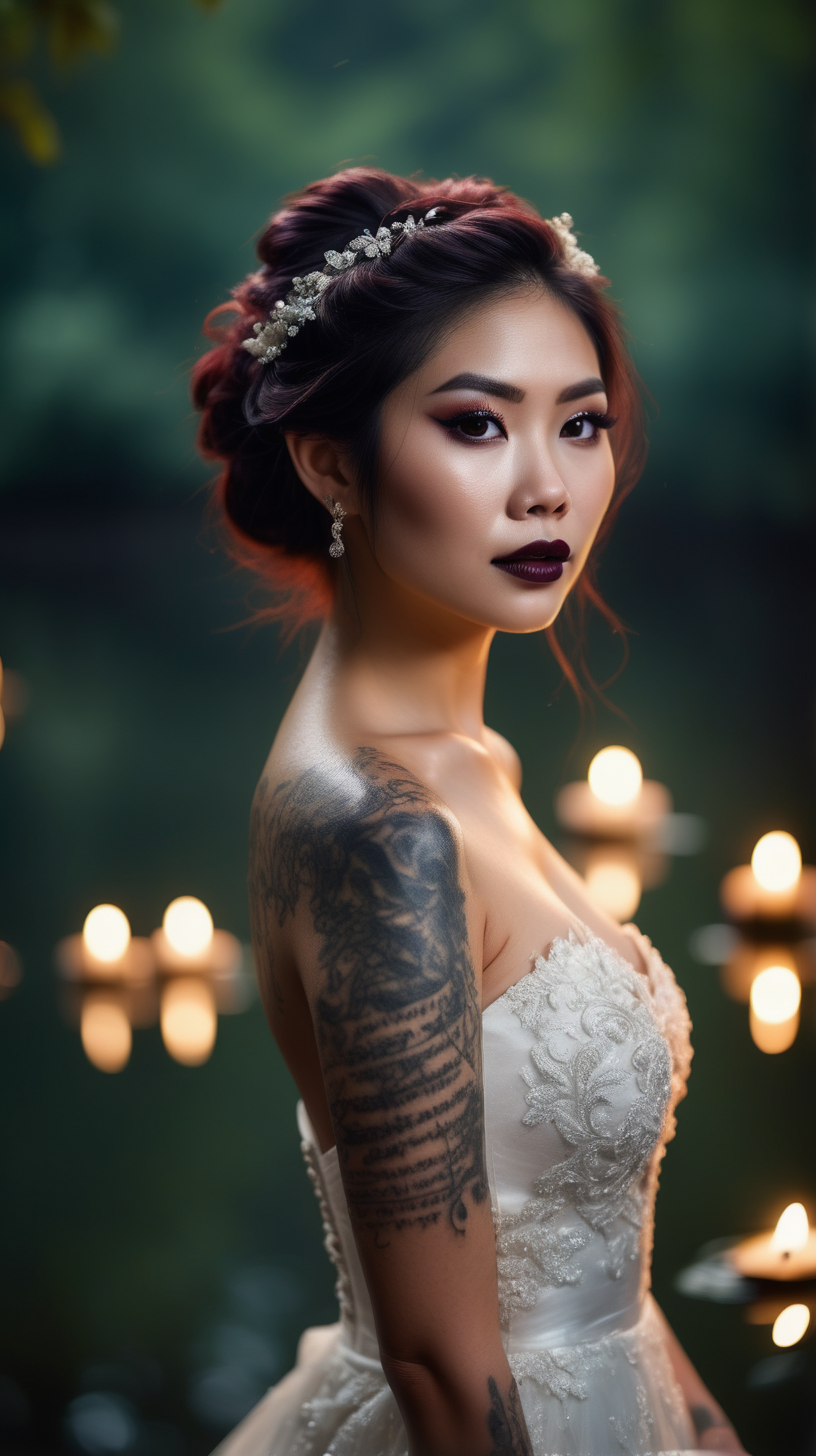 Beautiful Vietnamese woman, body tattoos, dark eye shadow, dark lipstick, hair in a messy updo, wearing a gorgeous wedding dress, bokeh background, soft light on face, standing in a lake in front of elaborate candlelit forest wedding, photorealistic, very high detail,  extra wide photo