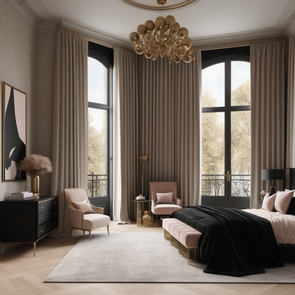 A hyperrealistic image of a grand, Modern Parisian, feminine, elegant, young girls bedroom with curtains,  in a beige oak brass and black colour palette with floor to ceiling windows 