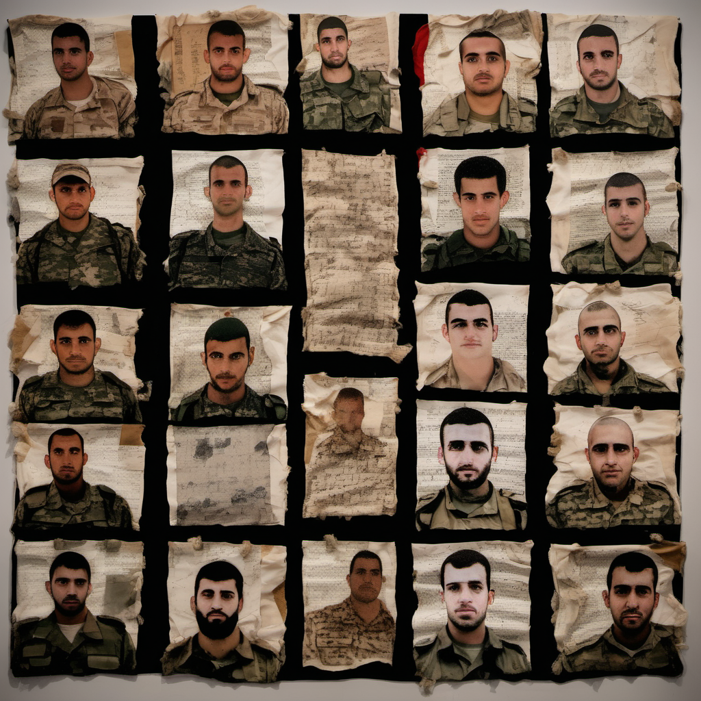 Soldier Testimonies: A montage of soldier portraits from Gaza, each in a unique artistic style, surrounded by fragments of their handwritten testimonies, creating a tapestry of personal war experiences.