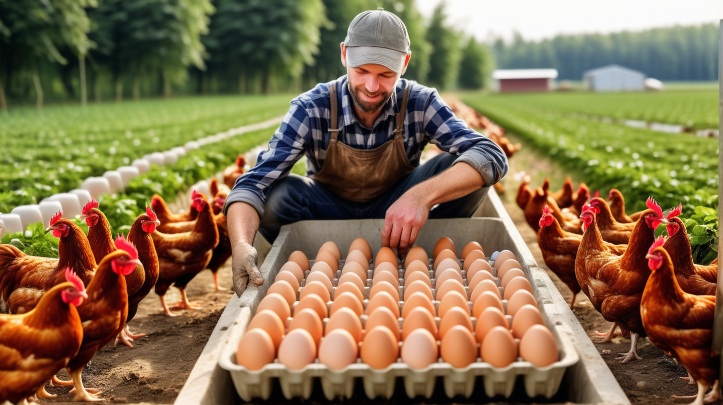 farmer collects eggs in egg trough eco poultry