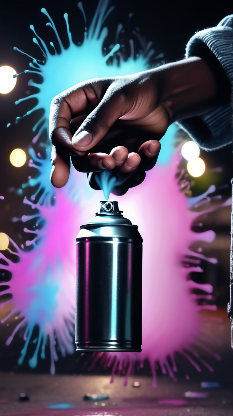  a young, black, teenagers hands, shaking  spray paint cans. it's night time, close up of hand, 4k ultra, high definition, high resolution,